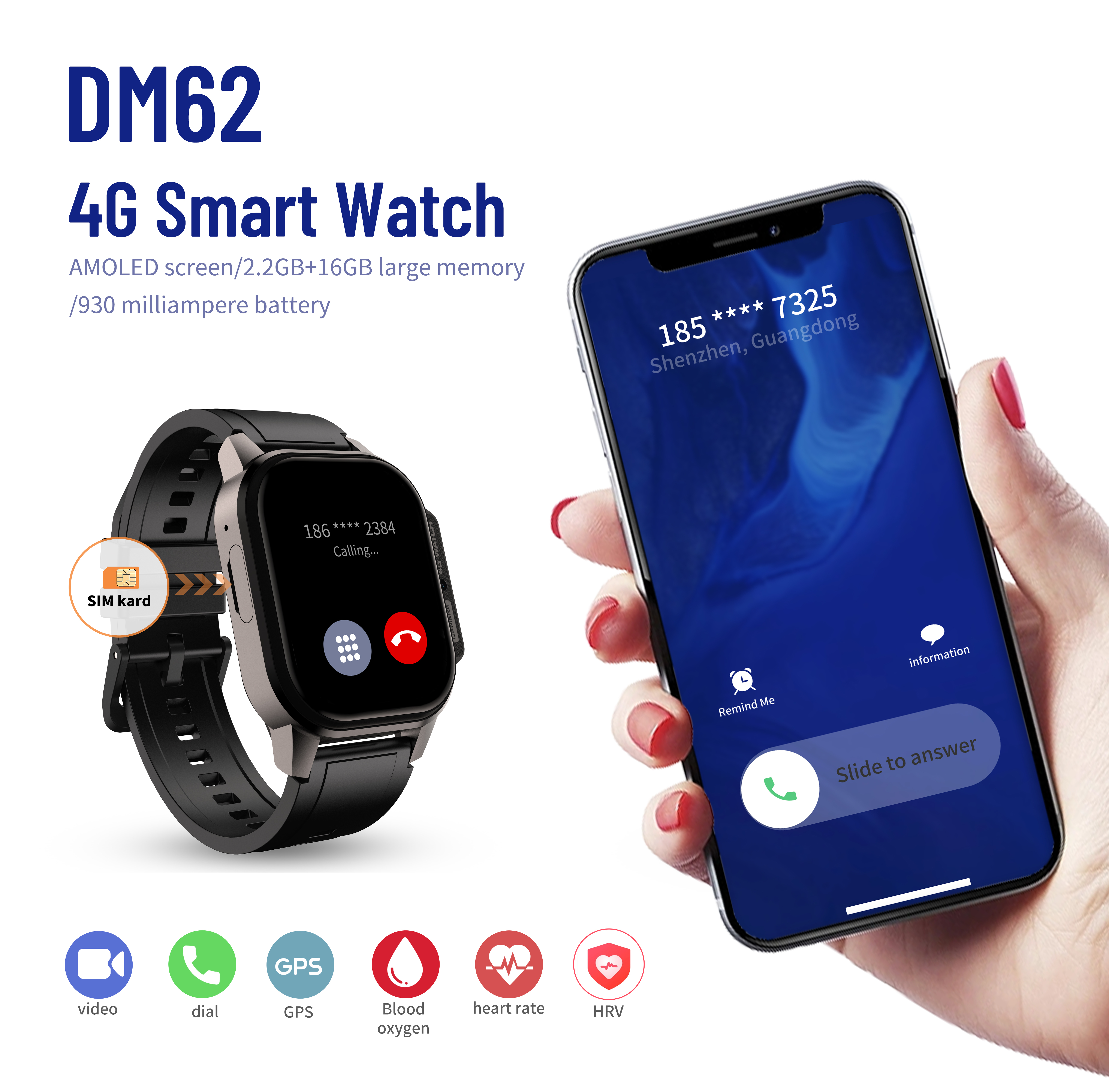 DM62 4G Smart Watch 2.13 Inch AMOLED Display 4GB RAM 64GB ROM